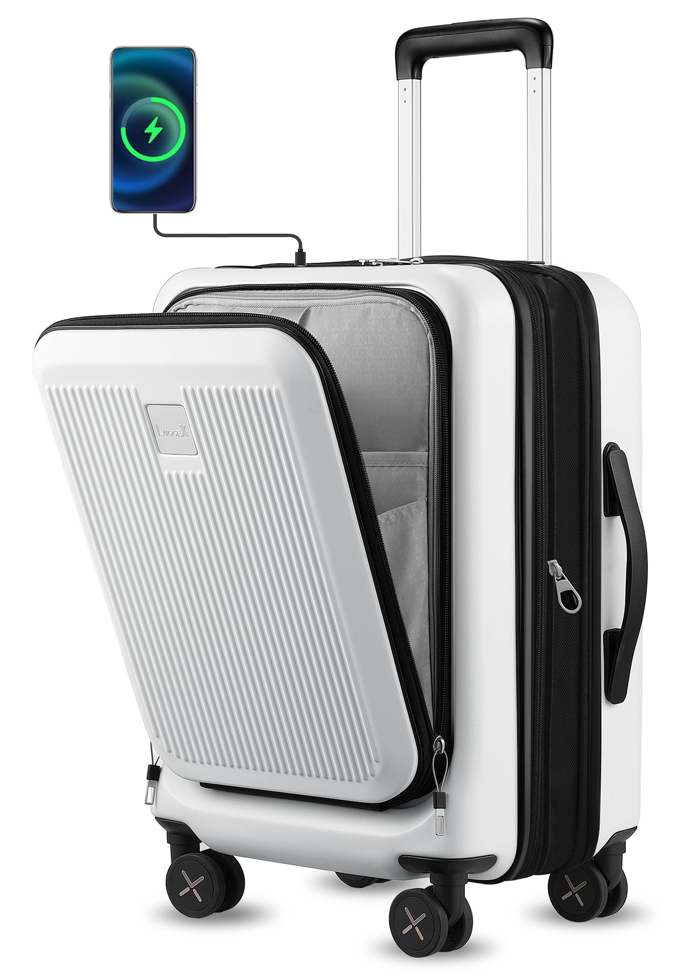 LUGGEX 20 Inch Expandable PC Hard Shell Suitcase White Airline Approved USB Port Front Pocket 37L